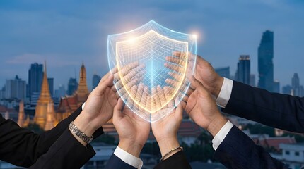 Obraz premium Diverse hands collaborate to uphold a glowing digital shield symbolizing collective security and protection in a modern city