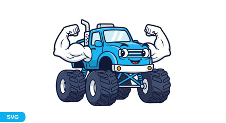 Strong Blue Monster Truck Character Flexing Biceps, Cartoon Style © Herukloro