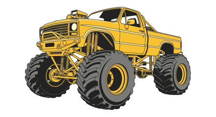 Yellow monster truck with huge tires, lifted suspension, off-road vehicle illustration © Herukloro