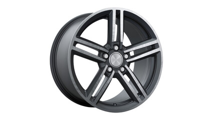 Obraz premium Modern dark grey and brushed silver five-spoke alloy car wheel isolated, high-quality automotive rim for vehicle design PNG