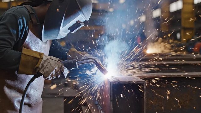 Welder working in factory.