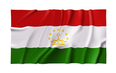 Obraz premium Realistic Tajikistan country flag isolated on a transparent background. Silk atlas detailed fabric flag. Vector PNG