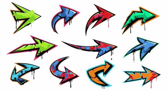 Colorful graffiti arrows with dripping paint, directional pointers