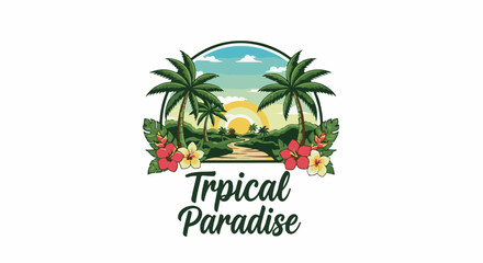 Obraz premium Lush tropical landscape with palm trees, exotic flowers, and a scenic path