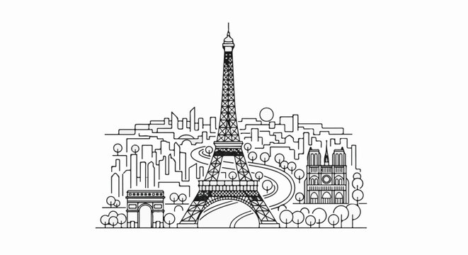 Iconic Paris landmarks, including the Eiffel Tower, Notre Dame, and Arc de Triomphe, in outline