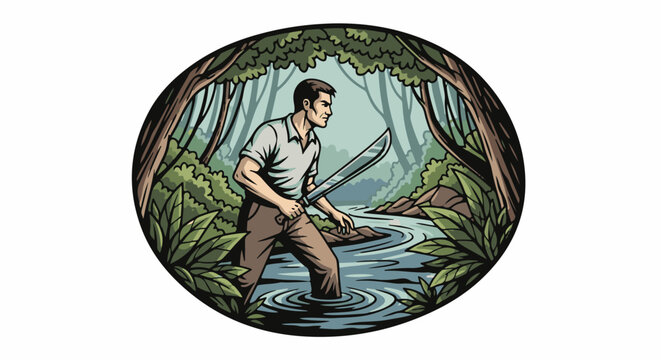 Man with machete wading through jungle stream