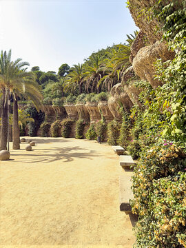 Gaudi's columns at Parc Guell on the outskirts of Barcelona, Spain, Europe