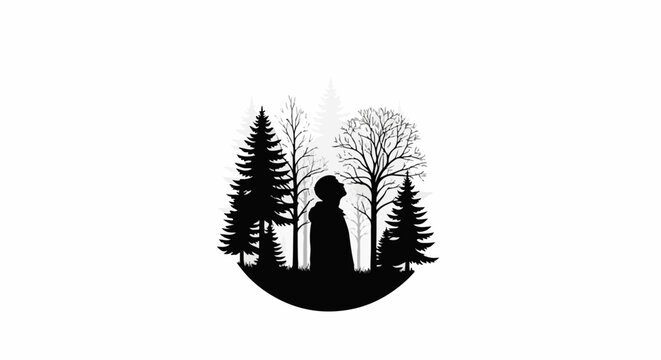 Silhouette of a person looking up at trees in a forest