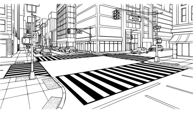 City crosswalk street black and white sketch with zebra crossing traffic lights and urban road vector illustration