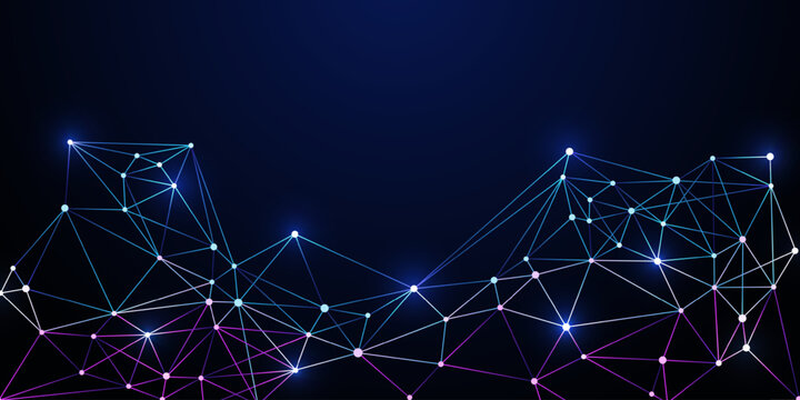 Abstract digital network background with glowing connected nodes and bright lines on a dark blue gradient illustrating data communication, technology flow, and futuristic connectivity.