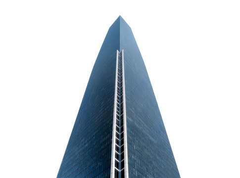 Sleek modern blue glass skyscraper building, viewed from below, with a reflective facade, isolated on transparent background, contemporary urban architecture