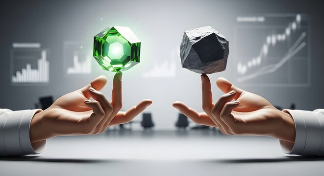 Two hands precariously balance a shimmering green gem and a rough grey stone symbolizing value contrast and business decisions