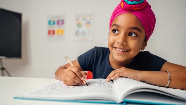 Smiling young Sikh girl with pink turban coloring in book. Happy Indian student thinking in classroom. Diversity and inclusion