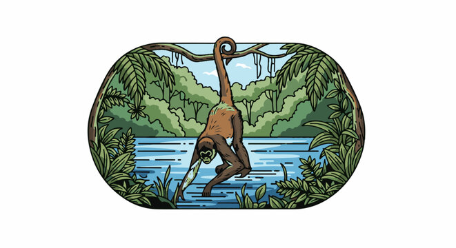 A monkey hangs upside down from a branch above a river