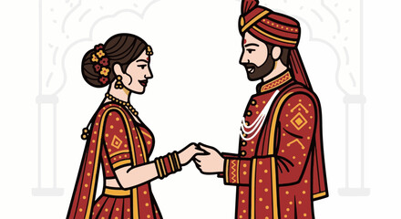 Obraz premium Couple in traditional wedding attire holding hands