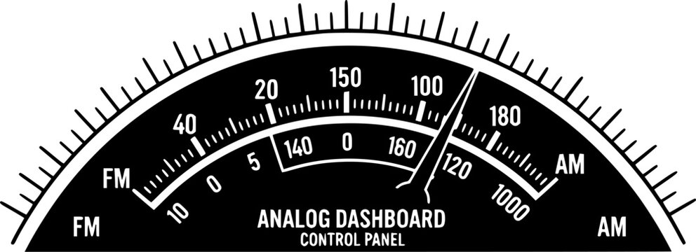 Radio tuner frequency tuning. Analoog dashboard inscription, control panel. Radio receiver tuner dial scale. Old hi-fi Stereo or mono tuner FM AM band. Radio frequency scales. Radio station signal