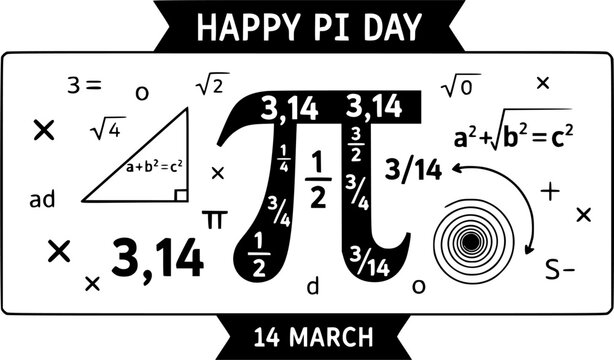 Happy PI day, 14 march, Pythagoras mathematical numbers series ( 3.14 3,14 3/14 ) symbol. Fun vector maths icon or sign banner Ratios letters formula structure. Archimedes constant irrational number 