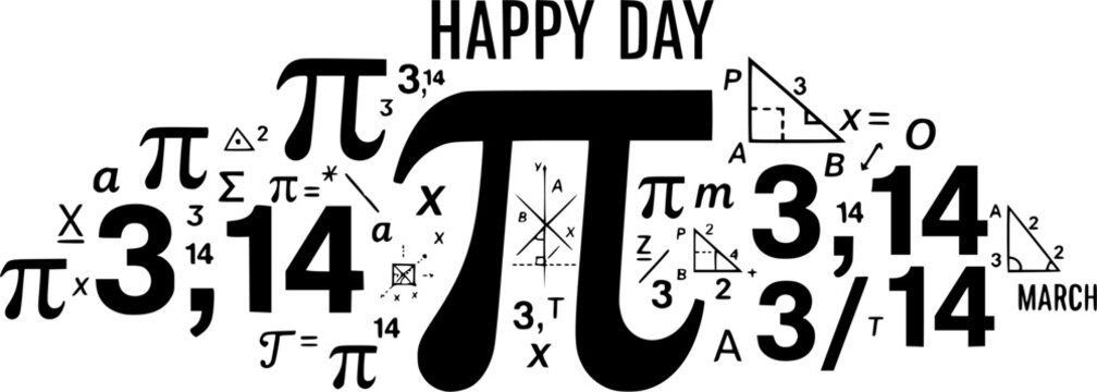 Happy PI day, 14 march, Pythagoras mathematical numbers series ( 3.14 3,14 3/14 ) symbol. Fun vector maths icon or sign banner Ratios letters formula structure. Archimedes constant irrational number 
