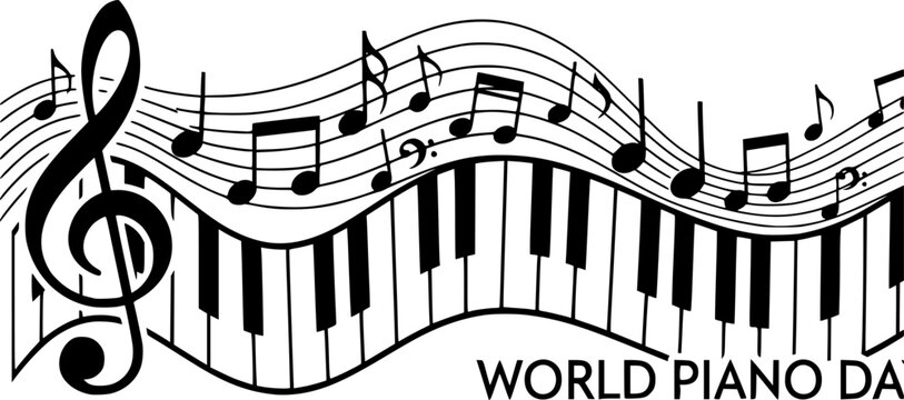 World piano day. Keyboard keys instrument sign. Music notes wave, musical waves staff symbols. Flat vector key stave banner. Classic clef, G melody