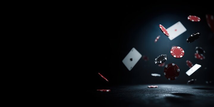 Floating casino chips and playing cards in dark cinematic space