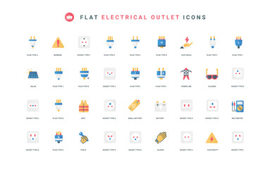 Fototapeta premium Plug cord and adapter, charge battery, warning sign flat elements vector illustration. Power socket types, world standards for outlets, safety gear of electrician, electricity color icon set