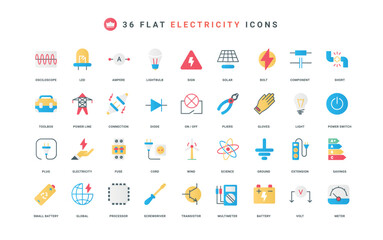 Fototapeta premium Electricity, electrical circuit components, equipment and electricians toolbox color icon set. Transistor and capacitor, fuse and extension cord, energy label flat elements vector illustration