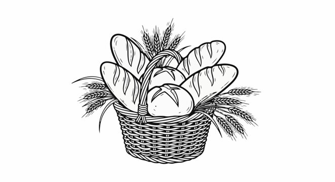 Line art drawing of a wicker basket filled with various loaves of bread and wheat stalks