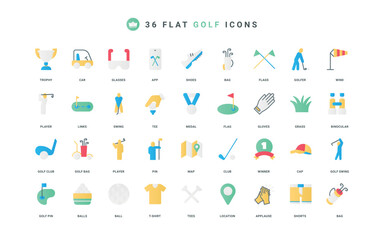Fototapeta premium Golf and golfer player action, sport equipment, hobby and tournament trophy of winner color icon set. Club bag and flag, hole for ball on grass golf course, cart flat elements vector illustration