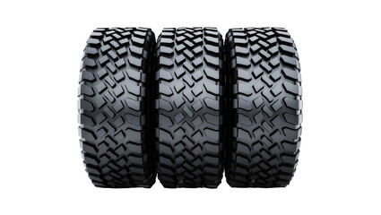 Isolated set of three new black automotive tires with deep aggressive off-road treads © Constantin
