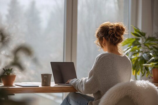 Remote worker woman working on laptop at desk overlooking winter landscape