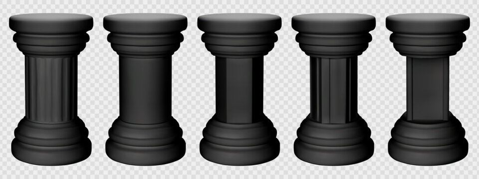 Black plinth pillar. Concrete hexagon column for trophy in roman museum. Greek cylinder marble pedestal. Luxury antique court platform. Dark grey ornate vertical sculpture to show product vector