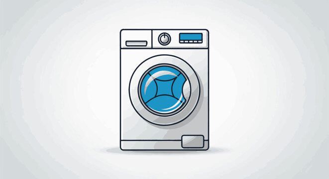 Modern white front-loading washing machine with blue drum on a subtle grey background