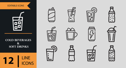 12 Cold Beverages and Soft Drinks Icons outline icon set. cold drinks soda juice beverage outline icons