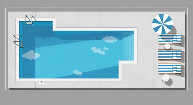 Top view of a modern swimming pool with lounge chairs and umbrella.