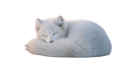 Isolated fluffy white arctic fox sleeping peacefully, curled up with its nose in its tail © Costantin