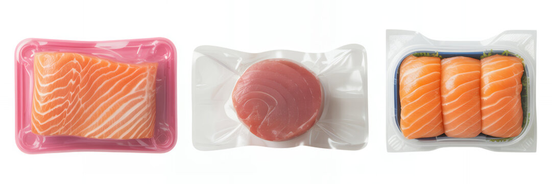 Sashimi and sushi in wrapped plastic trays salmon tuna