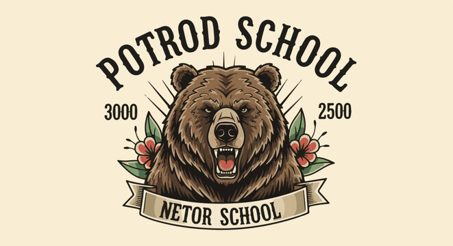Fierce bear head with text "POTROD SCHOOL" and "NETOR SCHOOL