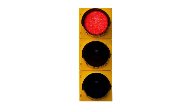 Isolated yellow traffic light showing red stop signal vertically, conceptual warning sign