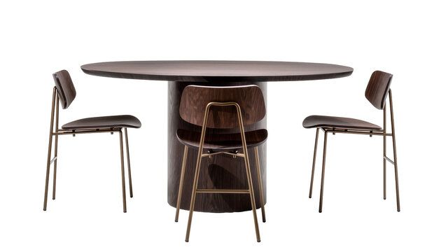 Isolated elegant modern round dark wood dining table with a bar stool and two dining chairs