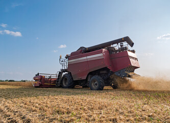 Fototapeta premium A combine harvester working in a vast agricultural field during a sunny daytime harvest, kicking up dust