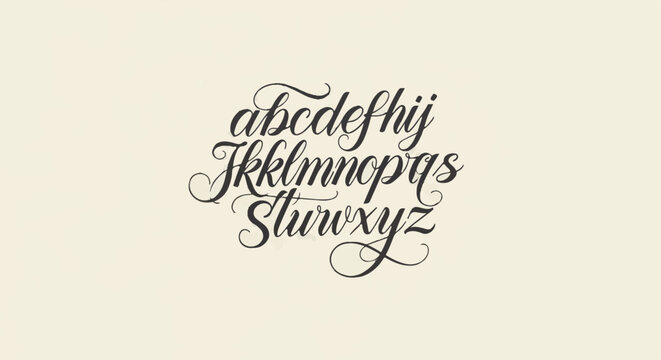 Elegant script typeface alphabet showcasing decorative flourishes and calligraphic styling