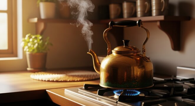 A steaming copper kettle sits on a gas stove burner lit with a blue flame in a warmly lit kitchen.