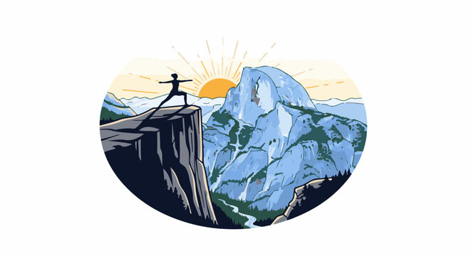 Silhouette of a person in yoga pose on cliff overlooking a mountain at sunrise