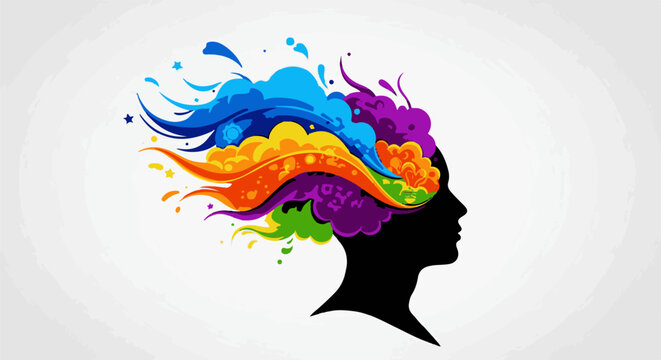 Silhouette of a head with colorful, abstract shapes bursting forth