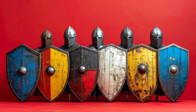 Six medieval knights in armor holding colorful shields in a row.