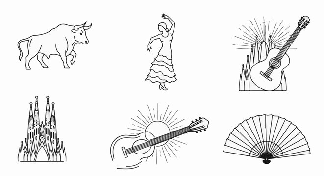 Spanish cultural icons bull, dancer, guitars, cathedral, and fan