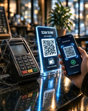 Old payment terminal with cobwebs beside a modern QR code and smartphone showing digital payment. Concept of transition from traditional payments to mobile transactions in a cashless economy.