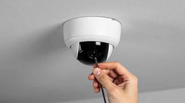 A person installs or adjusts a dome security camera on a ceiling using a small screwdriver.
