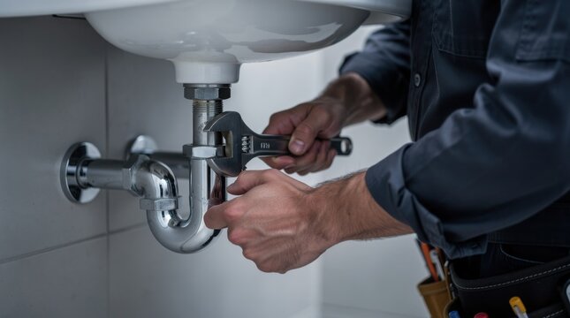 A plumber uses a wrench to tighten pipes under a sink, performing maintenance or repair work in a bathroom.