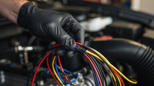 A gloved hand holds a bundle of multicolored electrical wires in an automotive engine compartment.
